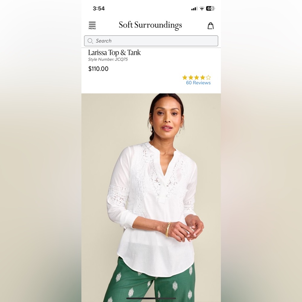 NWT! Soft Surroundings White Larissa, LS, Cotton Tunic Lace/Embroidered Top, 2X